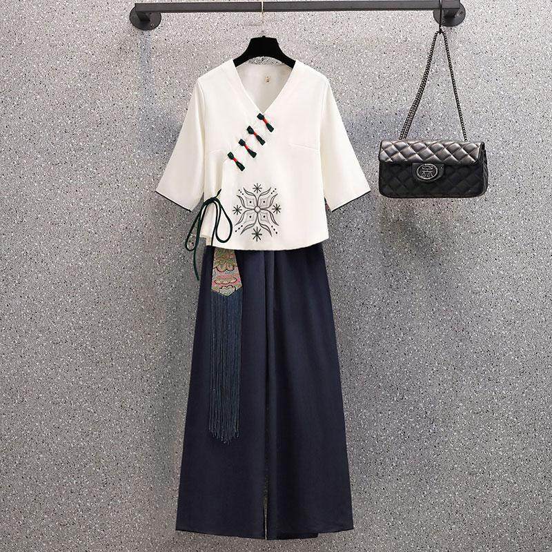 胖mm300斤大码中国风新中式盘扣唐装旗袍上衣+改良简约裤子套装潮 - 图1