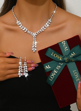 时尚潮流锆石奢华项链耳环套装ins黑色麦穗套装直播爆款百搭奢华