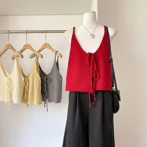 韩系简约百搭甜美纯色蝴蝶结针织叠穿背心吊带女春季新款小众上衣 - 图1