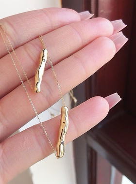 14K黄金横杠水波纹吊坠锁骨链女 14k金套链个性简约百搭高级感