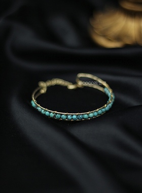 天然绿松石手镯手工手链波西米亚风小众高级感手环镀14k金