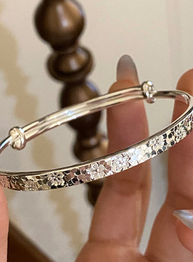 足银999.9 纯银手镯推拉国风cnc四叶草碎冰冰银手镯 有钱花手环