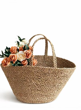 ins简约手工编织花篮 网红春天背景装饰plog桌面静物拍照打卡布景