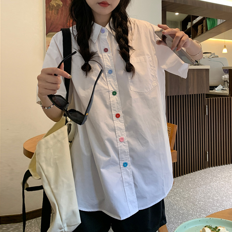 自制日系甜美温柔风短袖衬衫宽松慵懒垂质感法式Polo领上衣女夏季