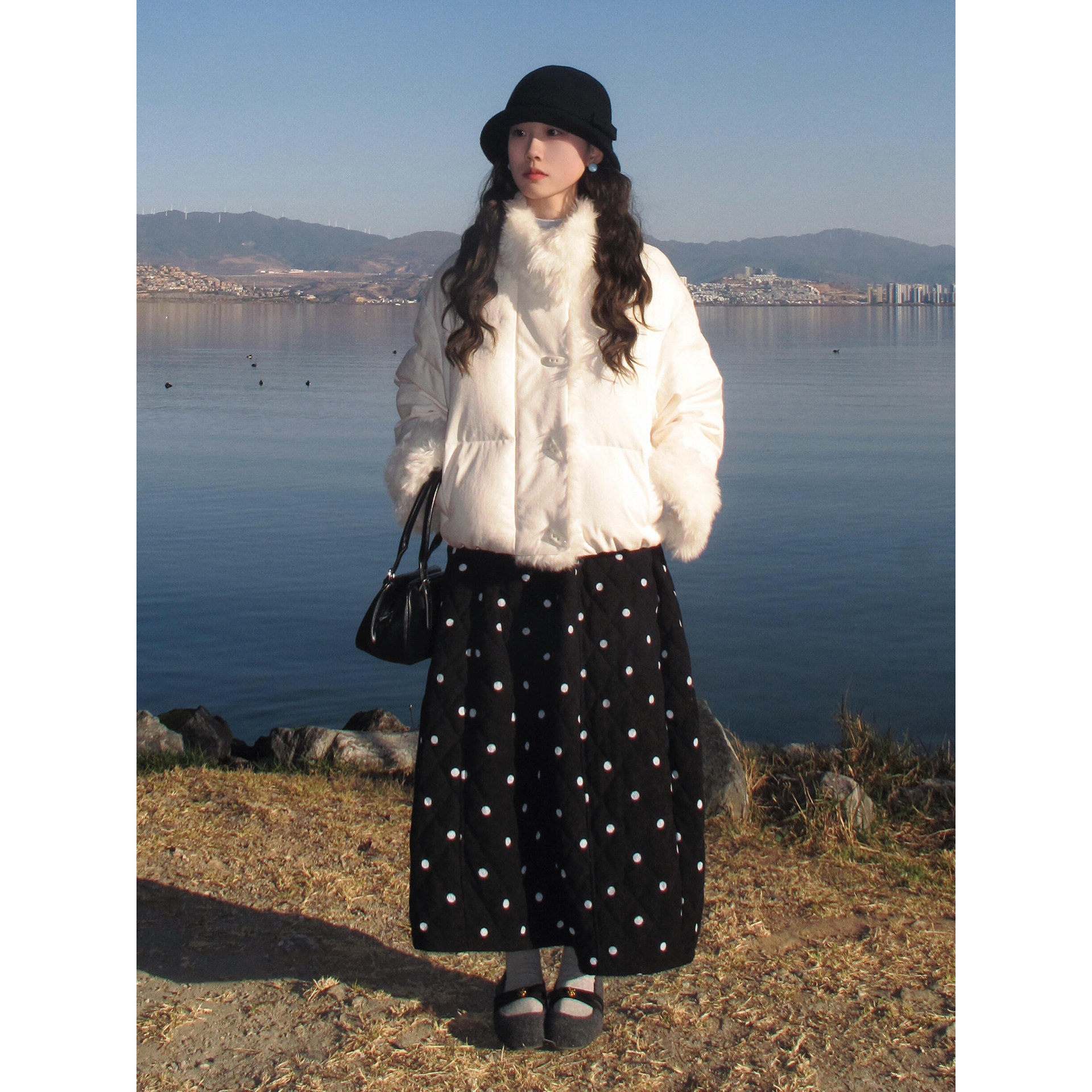 日系复古黑色波点菱格夹棉半身裙女冬加厚灯芯绒松紧腰蓬蓬花苞裙,淘宝优惠券,粉丝福利购,淘宝优惠卷