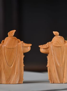 批发崖柏黄杨木哼哈二将摆件创意雕刻摆饰家居供奉哼哈二将摆件礼