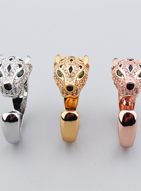 欧美时尚流行气质豹头情侣对戒个性手环饰品黑花镀金豹子戒指