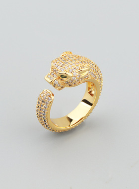 欧美时尚铜镶锆石豹子开口戒指满钻豹形动物女手饰贴肤指环