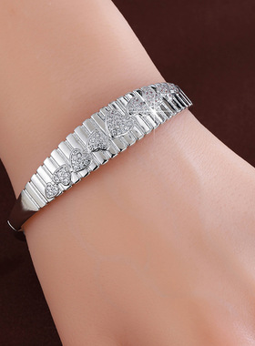 亚马逊跨境热款复古爱心锆石手镯宽面线条纹理新中式手环气质时尚