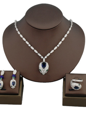 复古新款戒指耳坠项链首饰套装镶嵌红宝石女士宴会婚礼新娘耳环