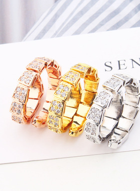 时尚流行满钻铜镀金动物蛇指环欧美风格创意蛇形弹簧开口戒指