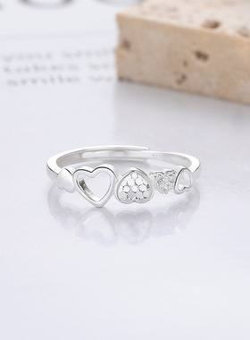 S925银时尚日韩简约镂空爱心锆石高级感潮流设计开口戒指女