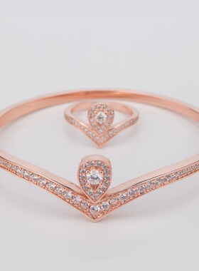 欧美热款铜镀金戒指 镶钻女心形手镯 搭款形镶钻戒指天使之吻微镶