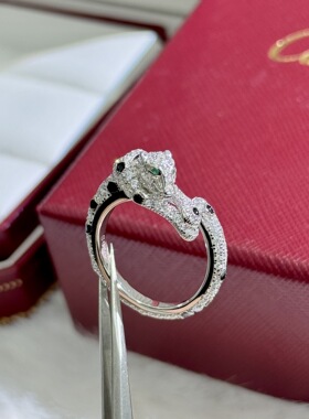 S925纯银 豹子满钻珐琅开口戒指均码可调节镶嵌高碳钻闪钻戒指