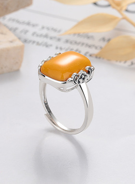 S925纯银蜜蜡琥珀戒指女复古做旧祥云指环食指戒扳指可调节