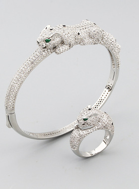 欧美风格优雅气质女式豹子手环戒指套装个性朋克设计豹形手镯