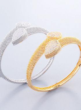 欧美风创意镂空网状叶子手镯戒指套装时尚开口女气质手饰新品