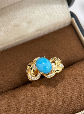 S925纯银 法式绿松石戒指藤蔓树叶设计款蓝松石中古复古