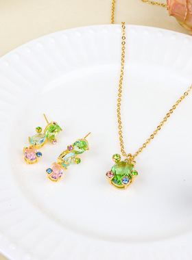 时尚气质优雅绿钻时尚百搭排序不规则设计高级感微镶饰品套装项链