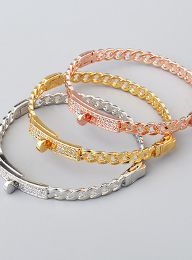 欧美时尚半钻满天星纽扣手镯手链气质ins镀18K玫瑰金手环高级感