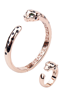 欧美简约光身豹子手镯戒指套装滴胶款斑点豹头小奢手饰品