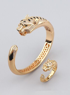 欧美风格霸气豹子手环戒指套装大气男女潮流时尚豹头开口手镯