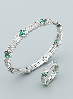 时尚百搭幸运四叶草手镯戒指套装微镶混色锆石轻奢气质手饰品