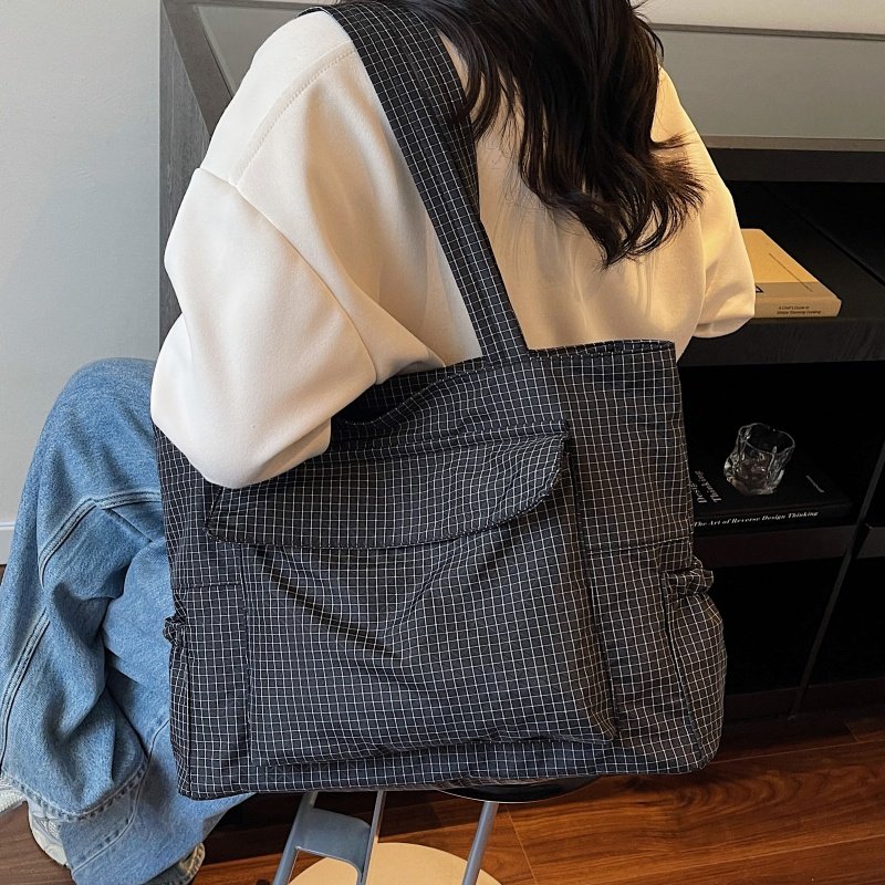 秋冬格纹帆布包包女大容量通勤手提袋小众百搭学生上课单肩托特包,淘宝优惠券,粉丝福利购,淘宝优惠卷