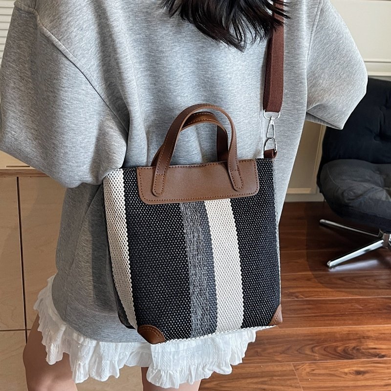 条纹帆布包女2025新款大容量手提通勤包小众百搭单肩斜挎托特小包,淘宝优惠券,粉丝福利购,淘宝优惠卷