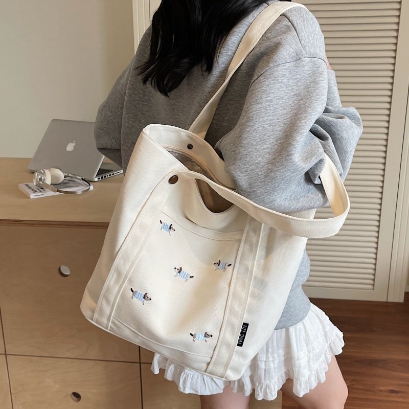 刺绣腊肠狗帆布托特包包女夏大容量上课手提袋小众百搭单肩通勤包,淘宝优惠券,粉丝福利购,淘宝优惠卷