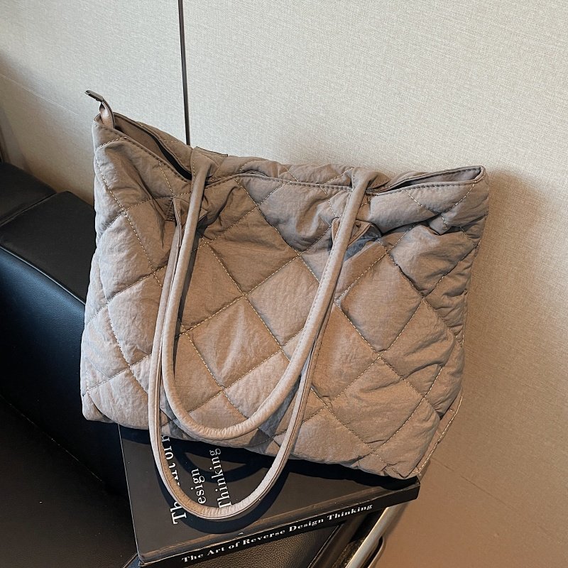 秋冬大容量棉服包包女菱格帆布通勤手提袋休闲百搭学生单肩托特包,淘宝优惠券,粉丝福利购,淘宝优惠卷