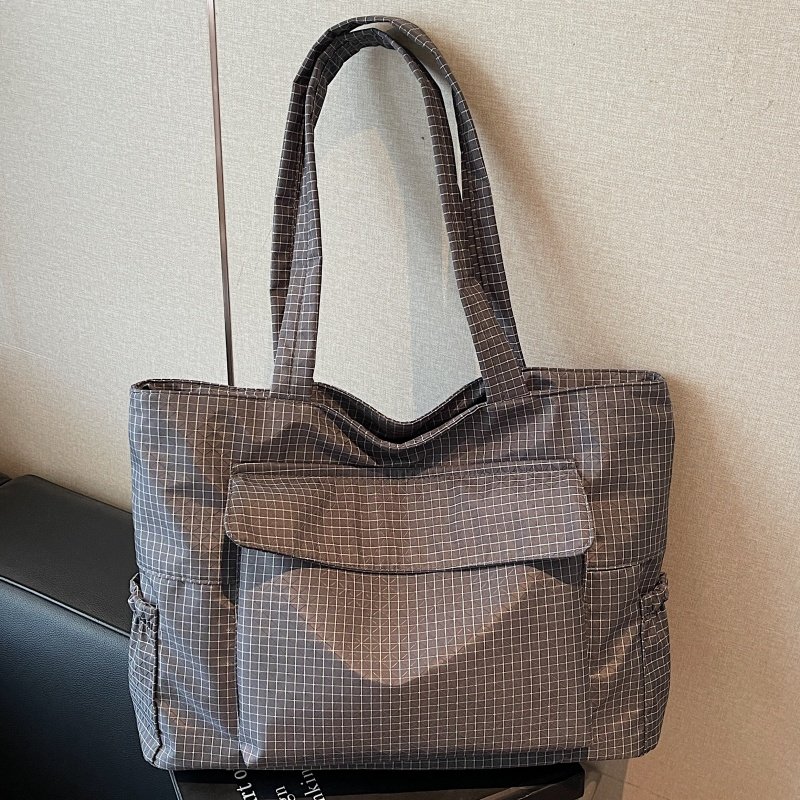 秋冬格纹帆布包包女大容量通勤手提袋小众百搭学生上课单肩托特包,淘宝优惠券,粉丝福利购,淘宝优惠卷