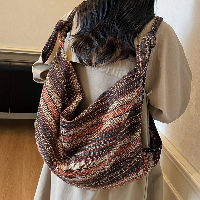 民族风条纹帆布包包女大容量通勤单肩托特包小众百搭慵懒双肩背包,淘宝优惠券,粉丝福利购,淘宝优惠卷