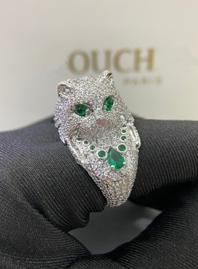 欧美时尚新品珠宝V金重工镶嵌合成祖母绿小猫戒指可爱指环配饰品