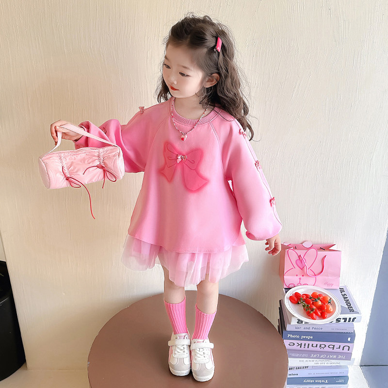 儿童连衣裙长袖拼纱潮女童甜美卫衣裙春秋女宝宝洋气裙子粉色春装,淘宝优惠券,粉丝福利购,淘宝优惠卷