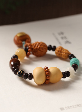 国潮檀香木多宝珠手串福禄葫芦五条经扎基拉姆盘文玩手链