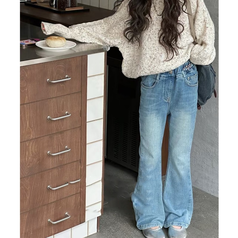 女童喇叭牛仔裤儿童洋气宽松直筒裤中大童休闲阔腿长裤子2025春单 - 图0