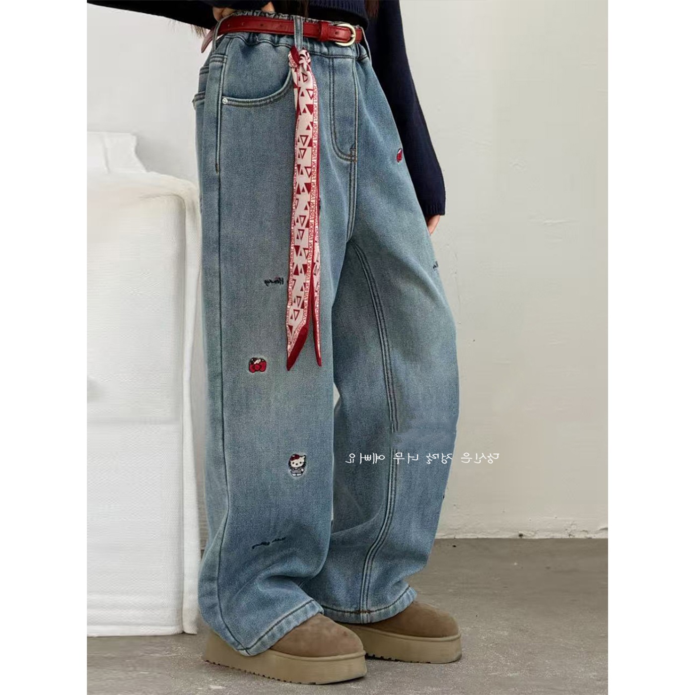 女童加绒直筒牛仔裤时髦秋冬儿童洋气阔腿女孩休闲裤百搭宽松时尚 - 图0