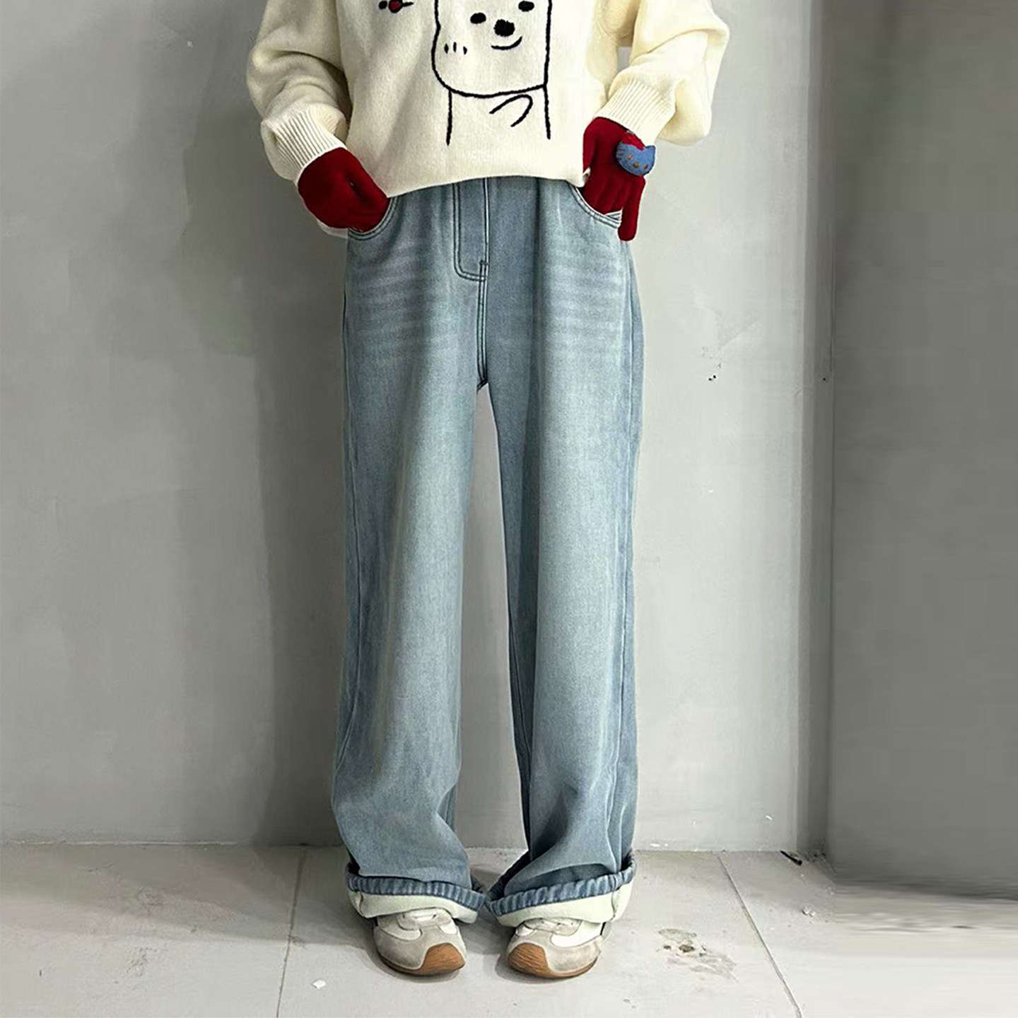 潮牌冬装女童一体绒直筒牛仔裤中大童宽松直筒阔腿裤男童装休闲裤,淘宝优惠券,粉丝福利购,淘宝优惠卷