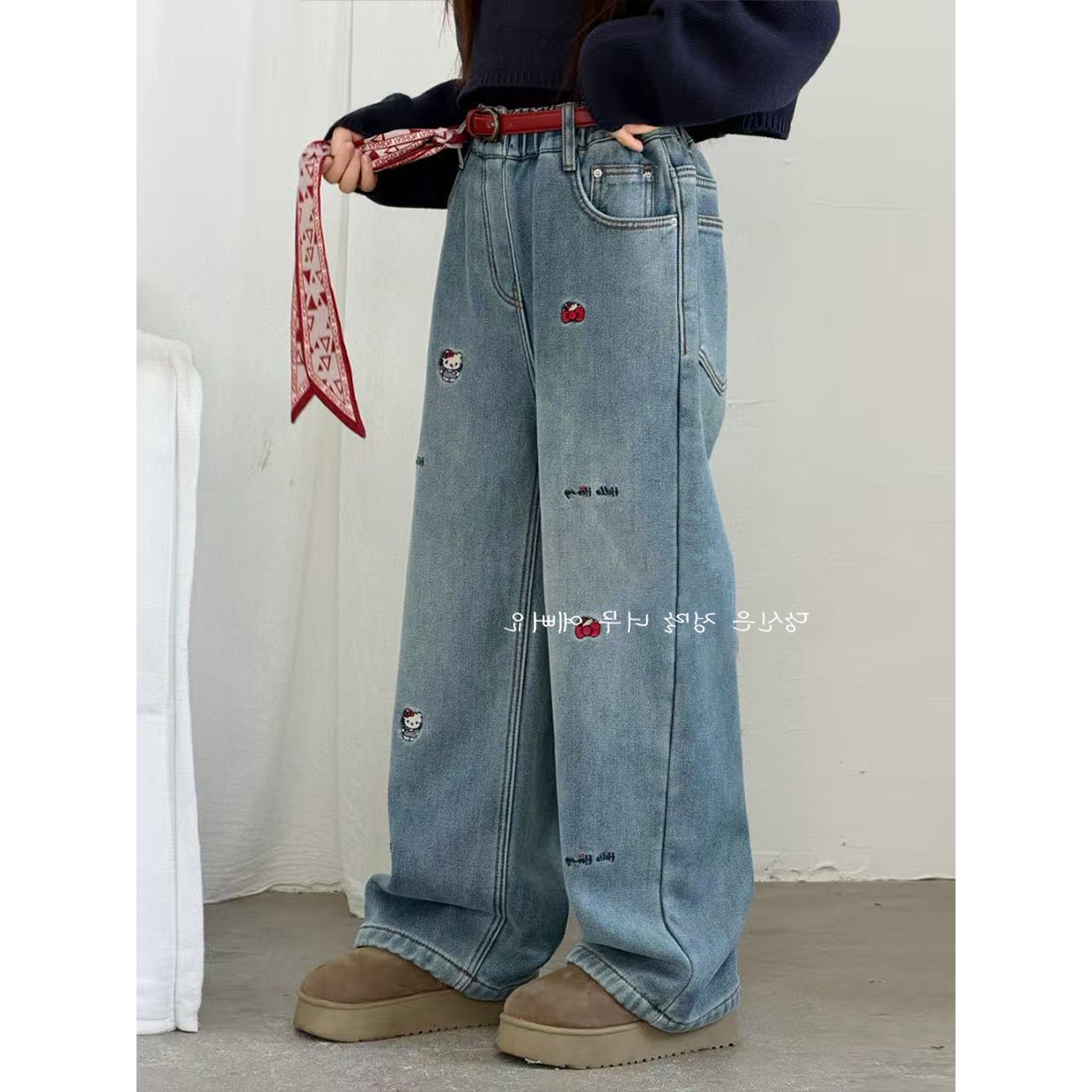 女童加绒直筒牛仔裤时髦秋冬儿童洋气阔腿女孩休闲裤百搭宽松时尚 - 图1