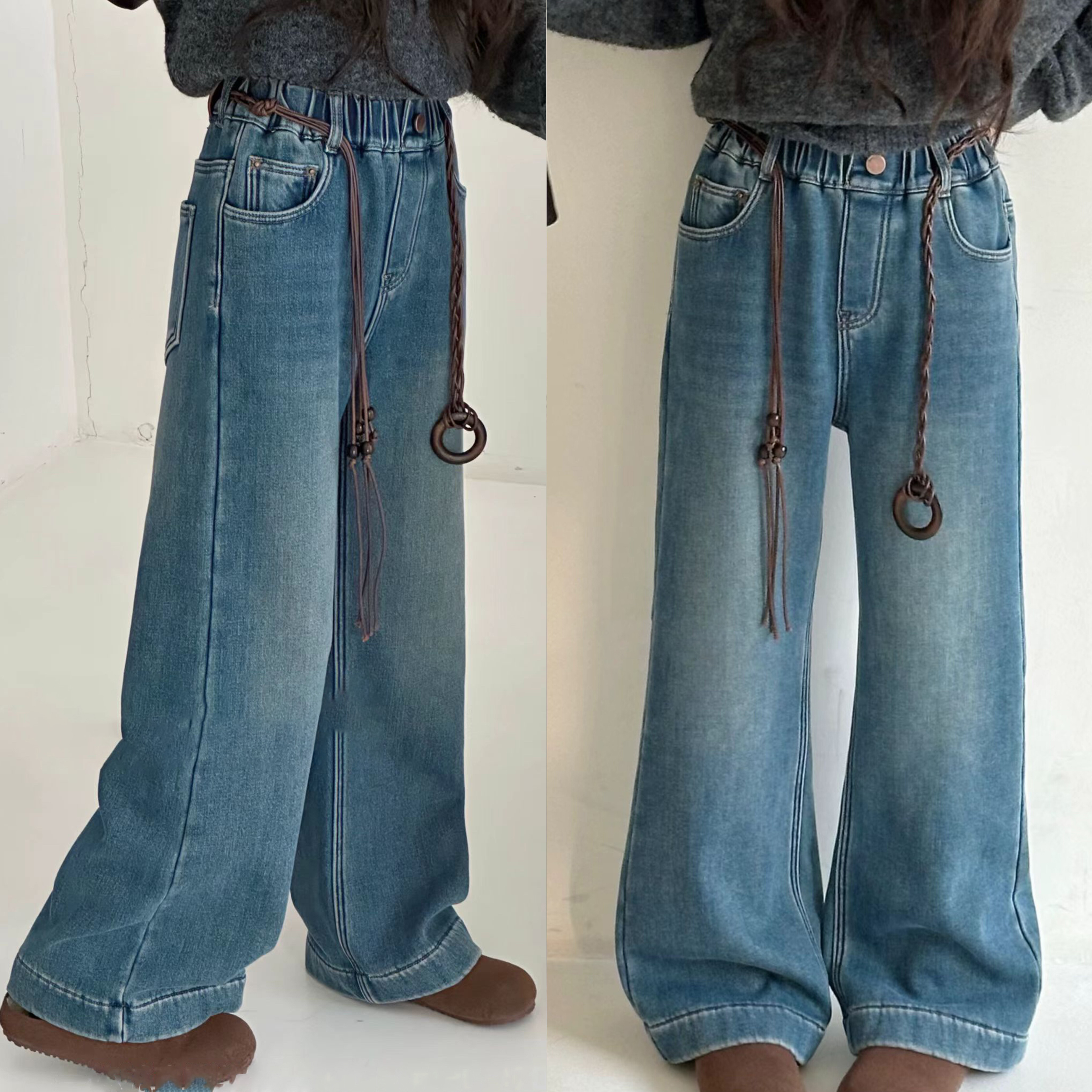 女童加绒阔腿裤牛仔裤儿童窄版休闲裤子中大童一体绒百搭直筒裤子 - 图0