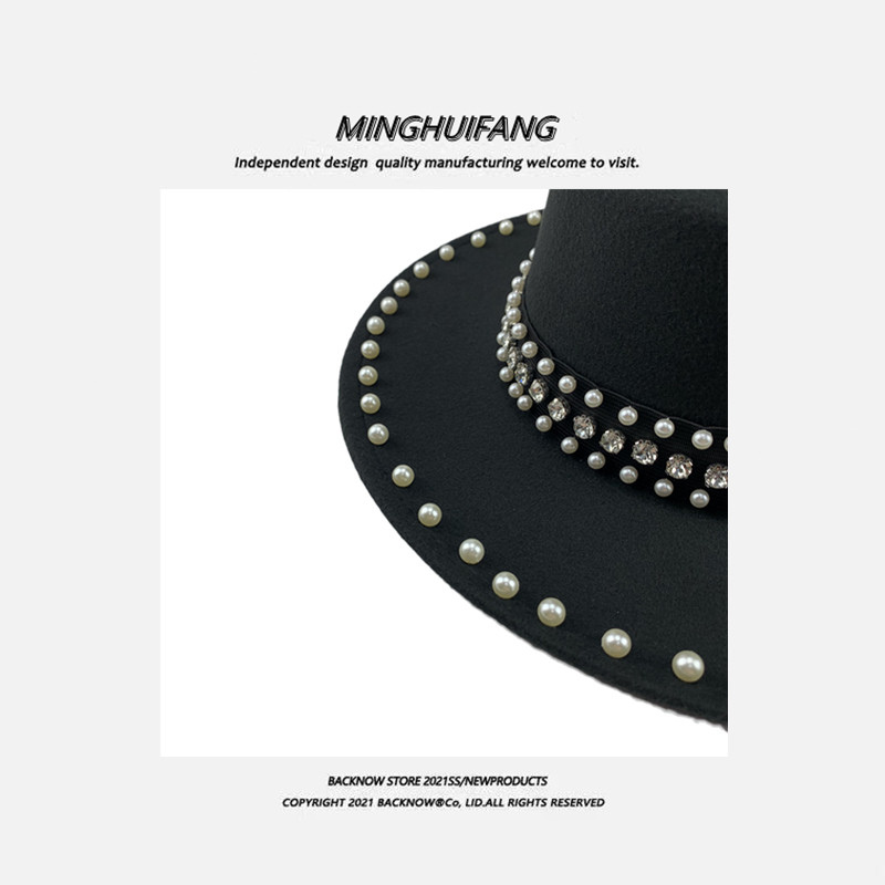 新款法式复古水钻珍珠黑色毛呢赫本平沿礼帽女秋冬天名媛爵士帽子,淘宝优惠券,粉丝福利购,淘宝优惠卷