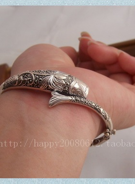 泰国进口正品 银色城堡925纯银泰银荷花银鱼手镯包邮