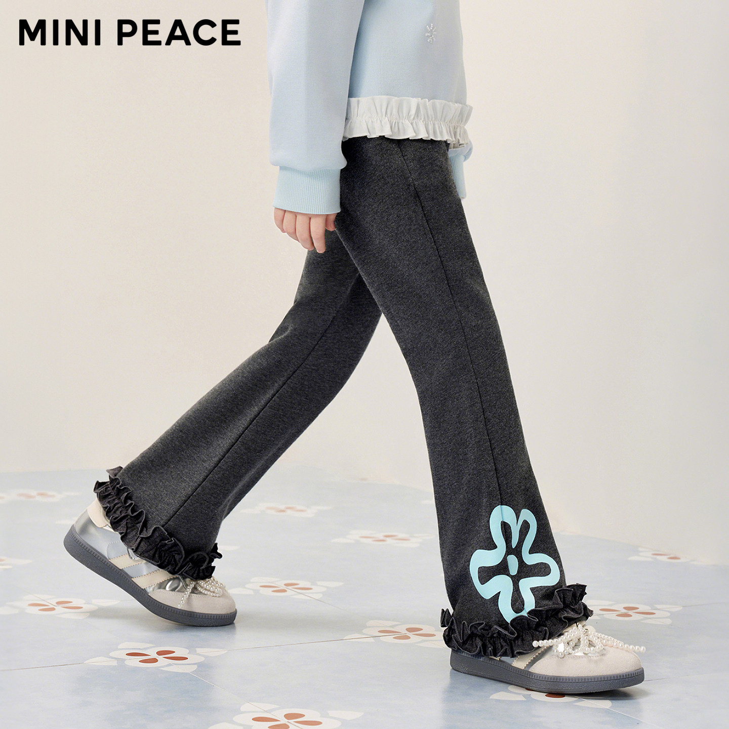 MINIPEACE太平鸟童装女童喇叭裤春秋儿童卫裤女宝花朵长裤中大童