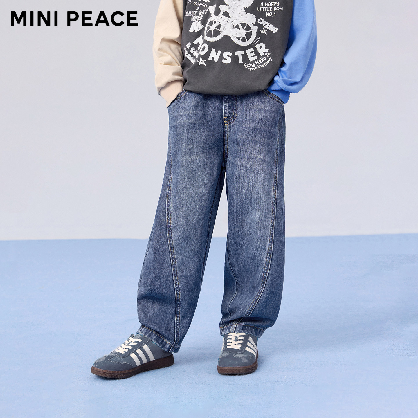 MINIPEACE太平鸟童装男童牛仔裤冬季加绒儿童裤子香蕉长裤男宝裤