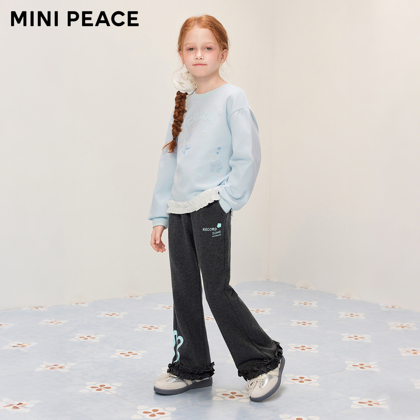 MINIPEACE太平鸟童装女童喇叭裤春秋儿童卫裤女宝花朵长裤中大童
