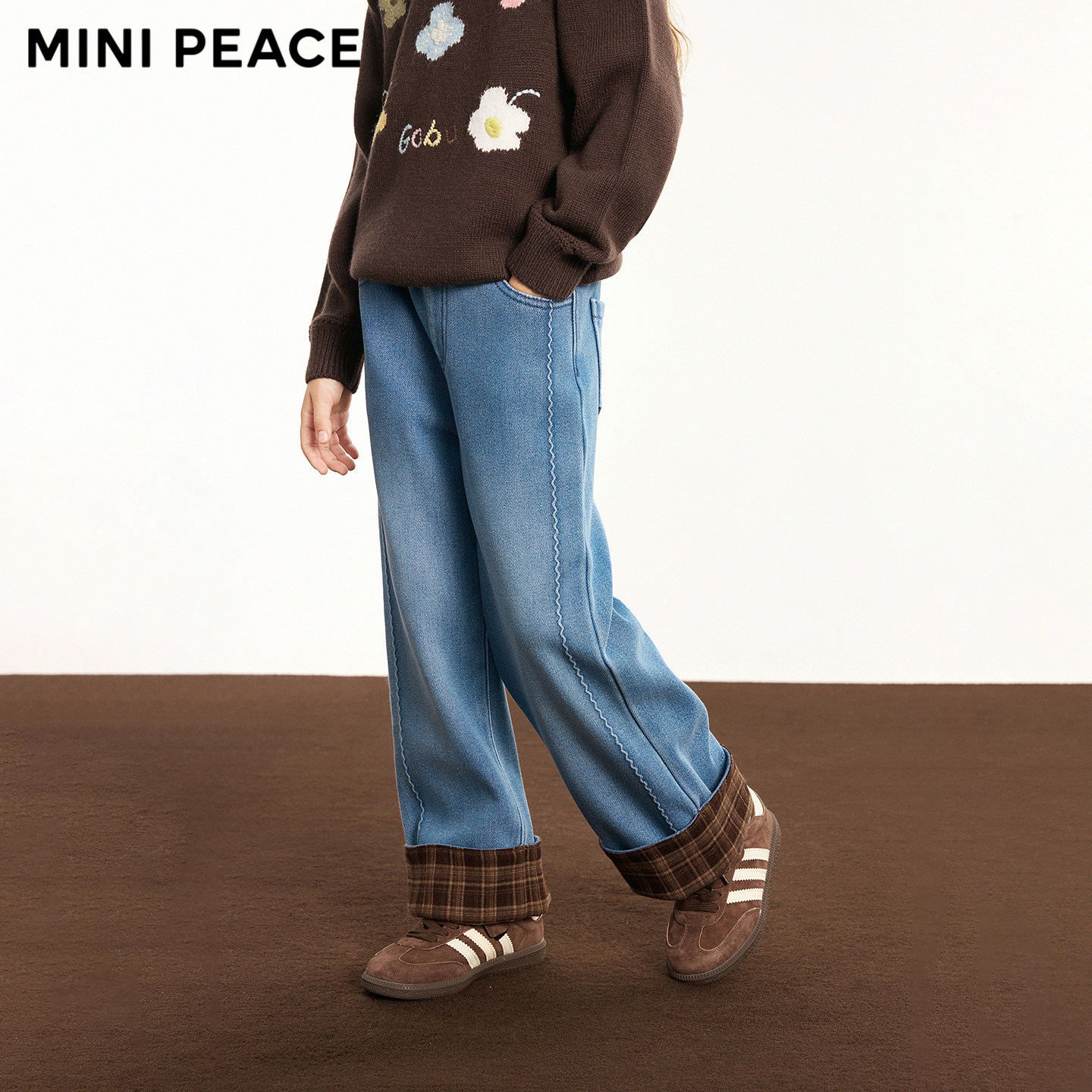 MINIPEACE太平鸟童装女童牛仔裤冬季加绒格纹直筒长裤新款裤子