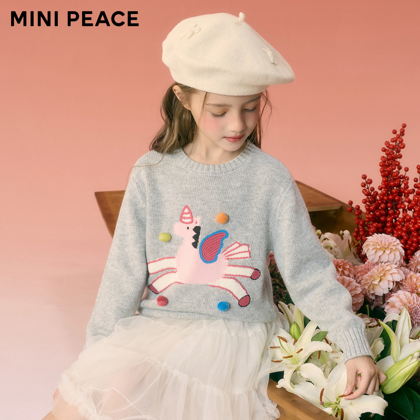 MINIPEACE太平鸟童装女童卡通套头毛衣秋冬新款马年毛衫新年衣服