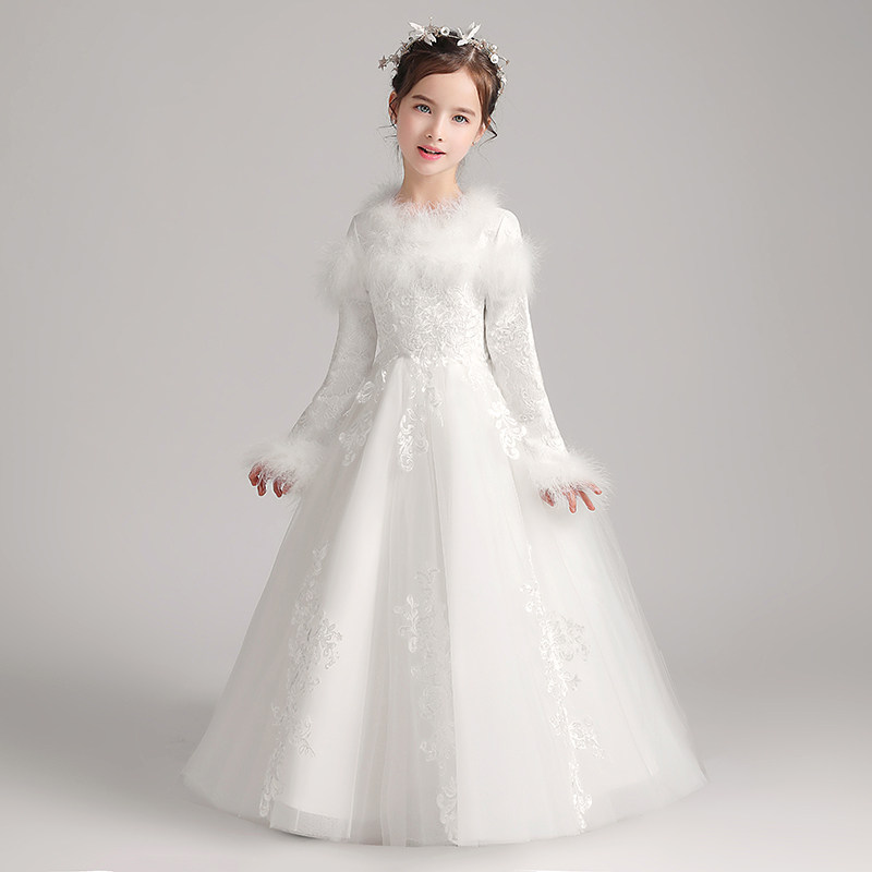 女童加绒加厚礼服冬天公主裙白色女孩花童婚纱儿童钢琴演出服冬季,淘宝优惠券,粉丝福利购,淘宝优惠卷