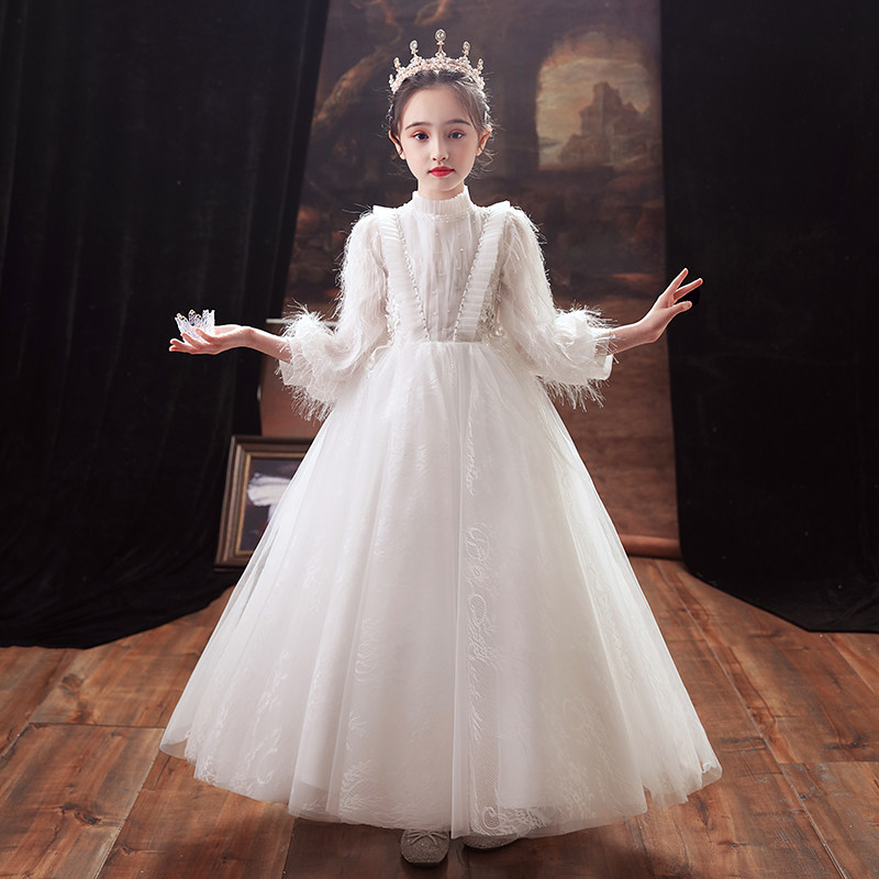 儿童礼服公主裙女童生日白色小女孩花童婚礼主持人钢琴演出服长袖,淘宝优惠券,粉丝福利购,淘宝优惠卷